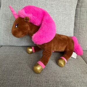Afro Unicorn Plush Stuffed Animal‎ Toy Brown Pink Mane Gold Accents Kids
